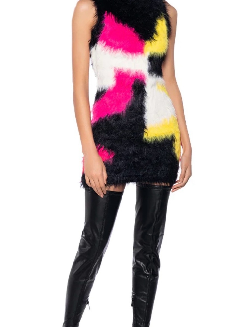 AKIRA Black Angora fur Colorblock Mini Dress Sweater coat also for sale in list